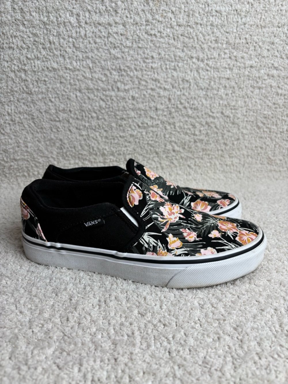Vans Shoes‎ Womens 6.5 Asher Palm Floral Black White Slip On Comfort Sneaker